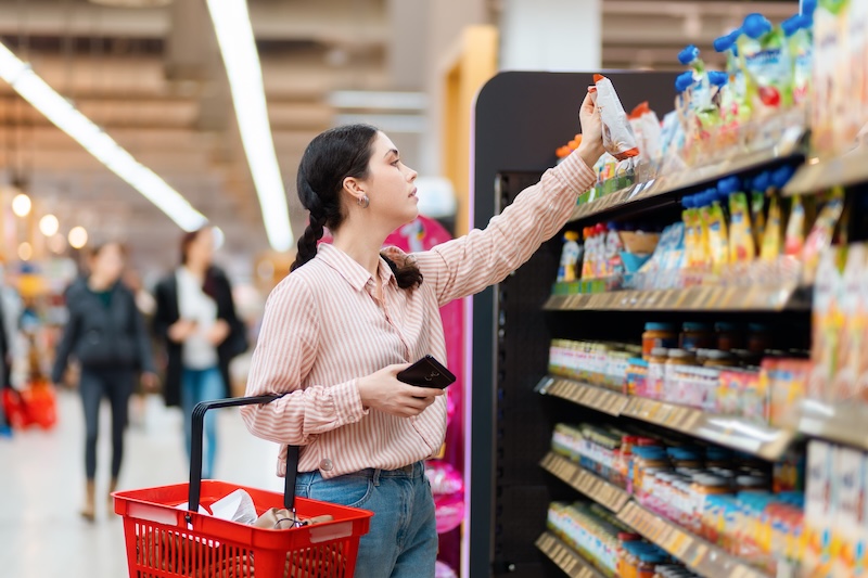 Illustration of a supermarket aisle with fresh produce and packaged goods on shelves