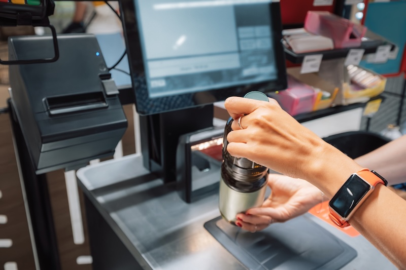 Shopper scanning a product at a retail checkout