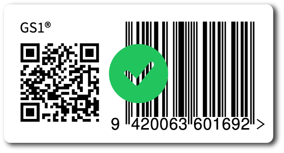 Example of a correctly coloured black QR Code and EAN-13 on a white background, with a green tick