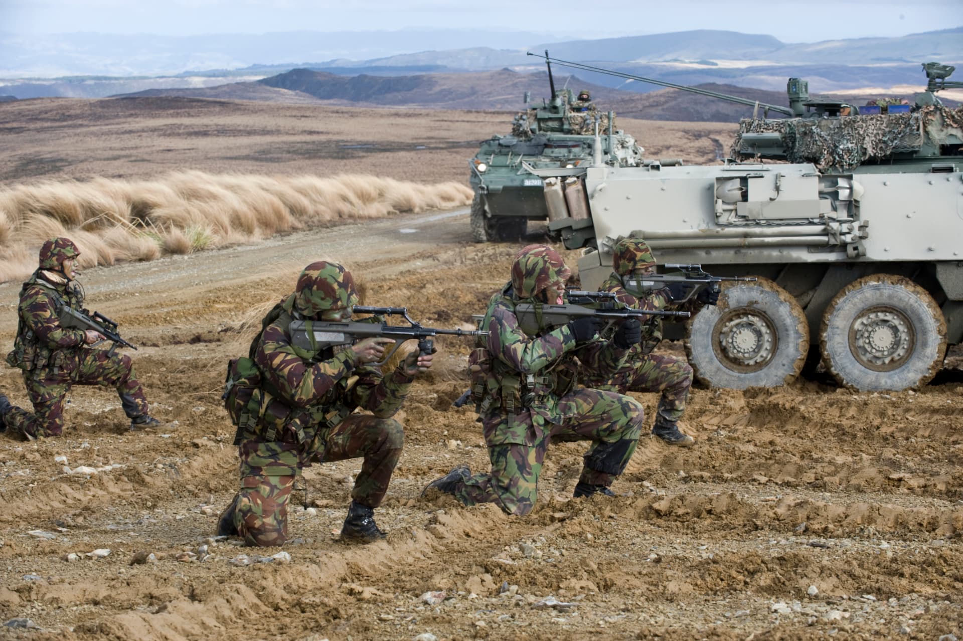 New Zealand Army soldiers with NZLAVs on exercise